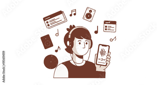 Woman wearing headphones listening to music on smartphone with floating media icons around her