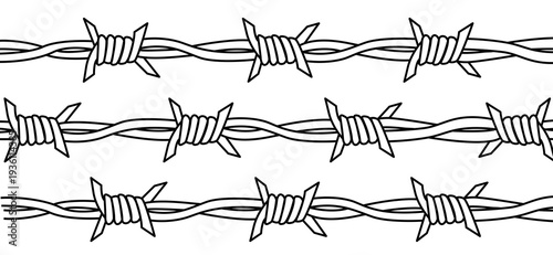 Three lines of barbed wire illustration for security and protection concepts. Barb wire, prison, jail.