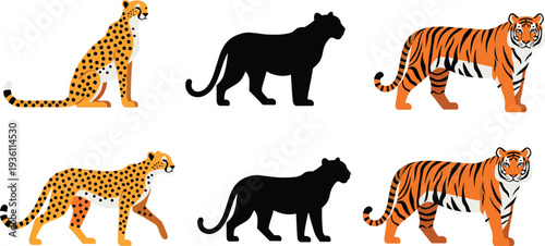 Photography Big cats vector illustration set featuring cheetah, panther silhouette and tiger