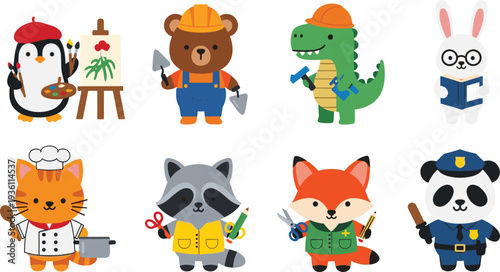 Set of cute cartoon animal characters representing different professions including artist builder chef doctor police officer teacher and gardener for kids.