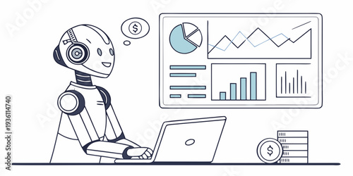 An illustration of a robot analyzing data on a laptop with charts and graphs displayed.