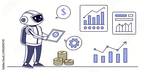 A futuristic robot analyzing financial charts and managing wealth with digital currency.