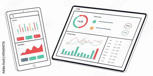 Mobile and tablet analytics dashboards displaying performance metrics and user engagement data
