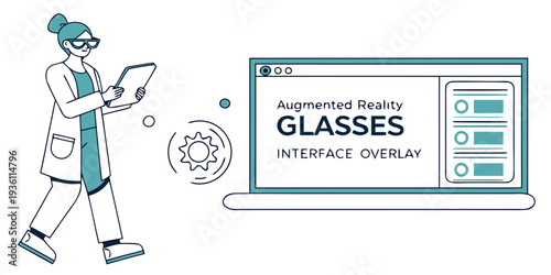 Doctor using augmented reality glasses with interface overlay for enhanced medical tasks.
