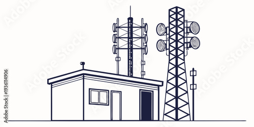 Telecommunication tower and small station building illustration