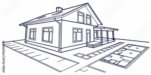 A sketch illustration of a simple suburban house with a driveway and a garden