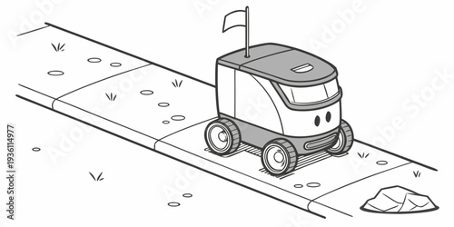 Autonomous delivery robot navigating a paved urban path with obstacles.