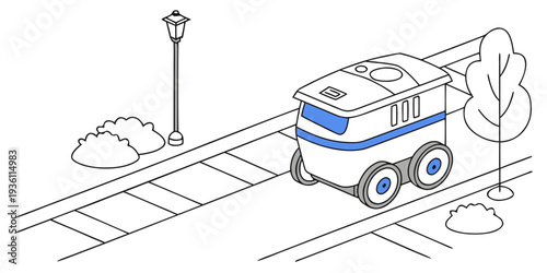 A robotic vacuum cleaner navigating a track beside a lamp post and greenery.