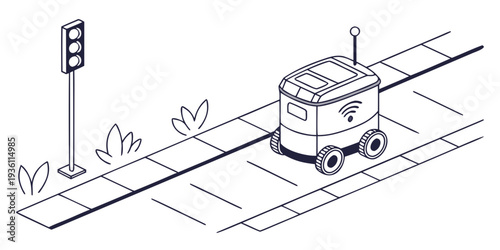 Autonomous delivery vehicle navigating an urban intersection with pedestrian crossing