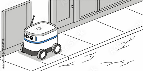 Autonomous delivery robot navigating a city sidewalk near a building entrance