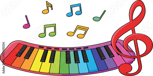 Colorful Rainbow Piano Keyboard with Musical Notes and Treble Clef, Music Education Concept, Cartoon Style Vector Illustration