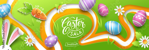 Horizontal Easter holiday sale banner with a green background, paper-cut daisies and a carrot, realistic painted eggs, bunny ears. Template for seasonal discount offers designed for spring promotions.