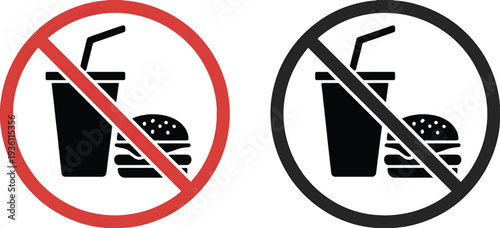 No eating or drinking signs with burger and soda icons