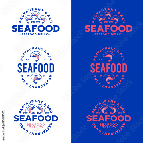 Set of three Seafood Restaurant and Bar logo. Shrimps and lettering in a rounded icon. Vintage-style signage.