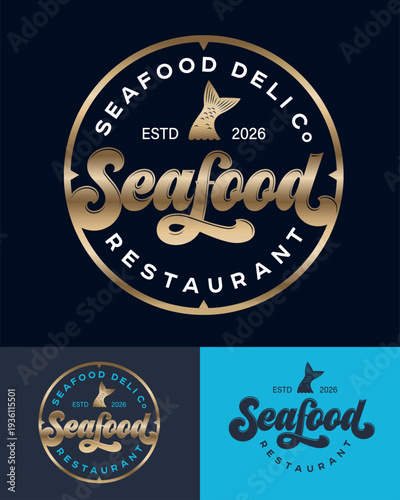 Premium signboard and logo for a seafood restaurant or deli. Golden letters and fish tail in circle gold frame. Vintage style sign.