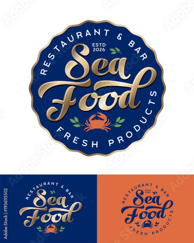 Seafood logo. Premium signboard or label for a restaurant. Gold calligraphy letters and red crab on wavy rounded badge.