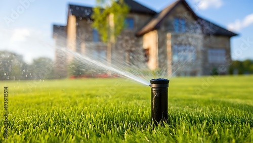 Automatic sprinkler irrigation system watering lush green residential lawn near modern house, showcasing smart landscaping, sustainable water conservation, summer garden maintenance, and eco-friendly 