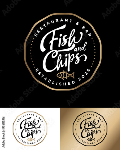 Fish and Chips restaurant logo. Beautiful calligraphy lettering with a goldfish in a thin geometric frame.