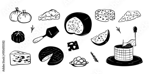 Hand drawn set with different types of cheese, slices, soft and hard cheese, knife and rosemary. Vector illustration.