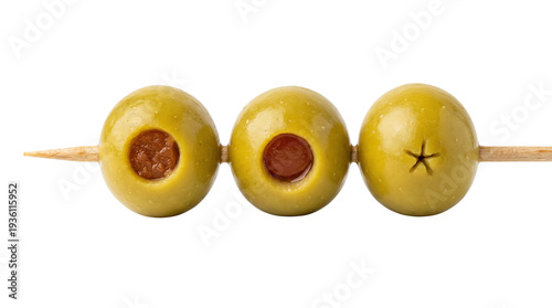 Three Green Olives on a Wooden Skewer isolated PNG with Transparent Background