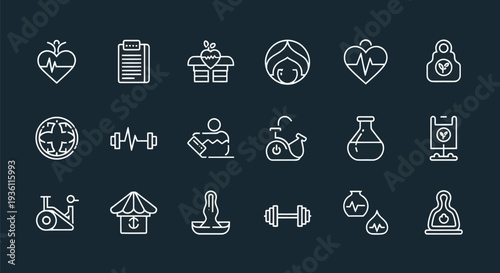 Health and wellness icon set on dark background