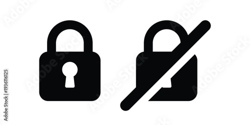 Lock and Unlock Security Icons Black Set – Padlock and Disabled Lock Symbol for Cybersecurity, Data Protection, Privacy Settings and Access Control Systems