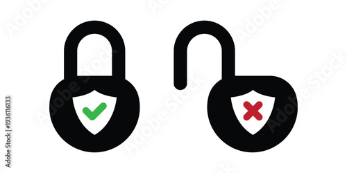 Secure and Unsecure Padlock Icons Black Set – Locked Shield Check and Open Lock Warning Symbol for Cybersecurity, Data Protection and Privacy Risk