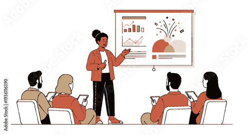 Businesswoman presents data charts to diverse group in meeting room setting with white background
