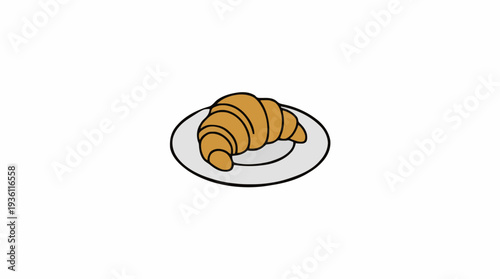 A Simple Line Drawing of a Golden Brown Croissant on a White Plate Against a White Background