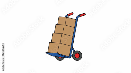 Blue hand truck with stacked brown cardboard boxes against a white background for logistics and delivery