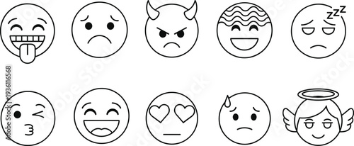 Set of simple black line art emoji icons featuring happy sad angry heart eyes angel and devil faces for digital design.