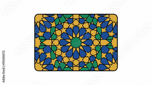 Intricate Islamic Geometric Pattern in Blue Green and Gold Displayed on a Rounded Rectangle with Clean Lines and Symmetrical Design