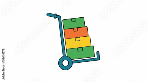 Hand truck carrying colorful stacked boxes on a white background transportation and logistics concept