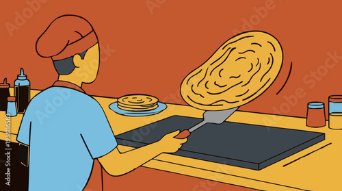 Chef preparing thin pancake crepe on griddle with spatula in brightly lit kitchen warm orange and yellow tones