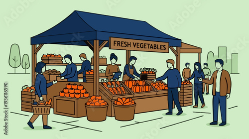 Outdoor Farmers Market Stall Displaying Abundant Fresh Orange Vegetables Under a Dark Blue Canopy with Pedestrians Shopping on a Light Green Background with Simple Cityscape Silhouette