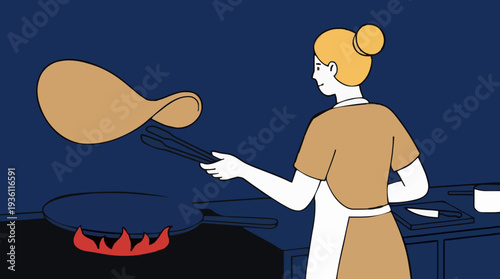 Blonde Haired Woman Flipping Pancake With Spatula Over Gas Stove With Blue Background In Kitchen