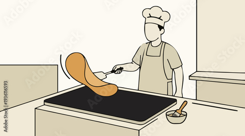 Chef Flipping Flatbread On Griddle With Spatula Kitchen Counter With Bowl Of Condiments Soft Lighting