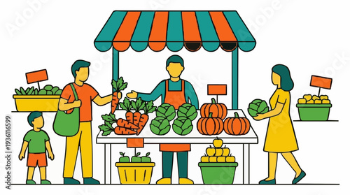 Family buying fresh produce from a market stall with colorful fruits and vegetables under a striped awning outdoors