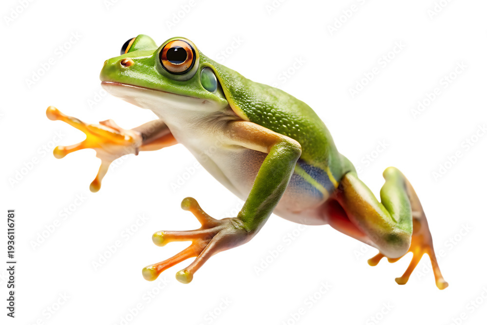 Fototapeta premium Green tree frog with orange feet and yellow toes leaping forward with outstretched legs isolated on a transparent background