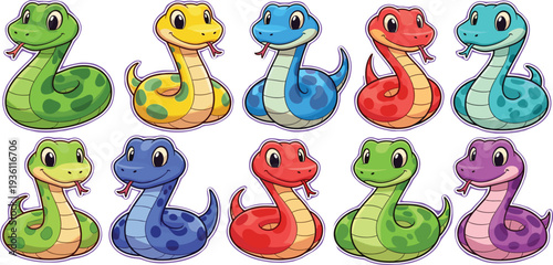 Cute Cartoon Snake Character Set with Colorful Funny Serpent Mascots for Kids Illustration, Sticker Design, Nursery Graphics, and Children Book Projects