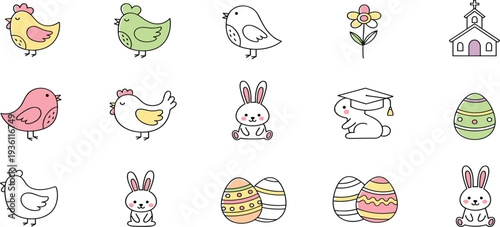 Cute Easter Icon Set with Bunnies, Chickens, Colorful Eggs, Church, and Spring Flowers for Holiday Greeting Cards, Kids Design, and Seasonal Decorations