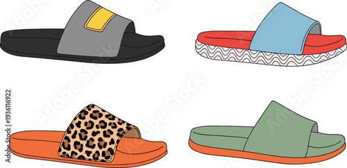 Collection of casual slide sandals with modern designs including flat summer footwear comfortable slip on shoes vector illustration isolated on white