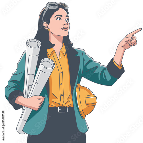 An architect points towards a city skyline, holding blueprints. A professional woman builds tomorrow, creating a lasting legacy. Modern illustration.