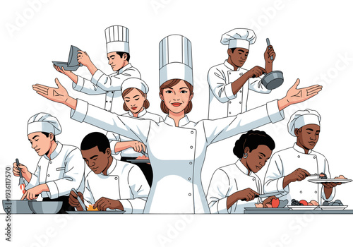 A central chef empowers a diverse team of cooks, creating a vibrant kitchen scene. ?Lead the kitchen, create magic!? ? a dynamic, colorful illustration.