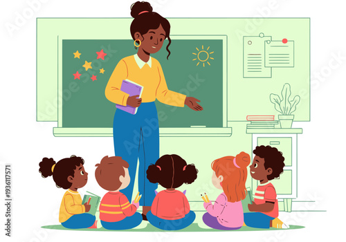 A cheerful teacher guides young children around a chalkboard in a bright classroom.  Illustrative style, positive learning environment. Perfect for education and future generations themes.