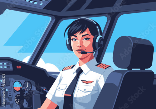 Confident female pilot sits in the cockpit, ready for takeoff. Bold colors and a modern style create a dynamic image. ?Fly High Break Limits? text overlay.