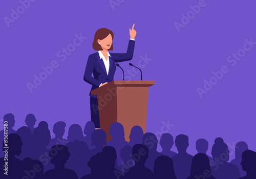 A confident female speaker addresses a crowd, inspiring change. Bold colors and a dynamic composition create a powerful visual. Perfect for motivational content.