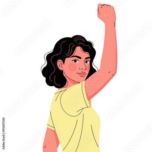 A confident young woman raises her fist in solidarity, symbolizing strength and unity. ?Rise Strong Together Sisters? text overlay. Modern illustration style.