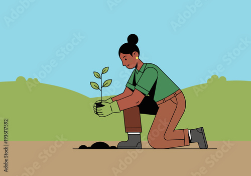 A diverse woman plants a seedling, symbolizing hope and environmental action. A vibrant landscape forms the backdrop. ?Plant Future, Protect Earth? text.