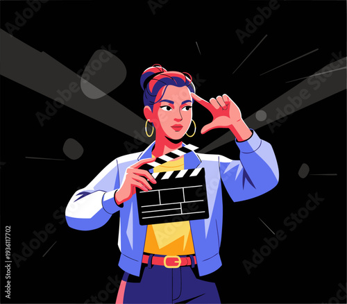 A stylish young woman holds a clapboard, directing a scene. Bold colors and dynamic lines create a vibrant, cinematic feel. Tell the story!